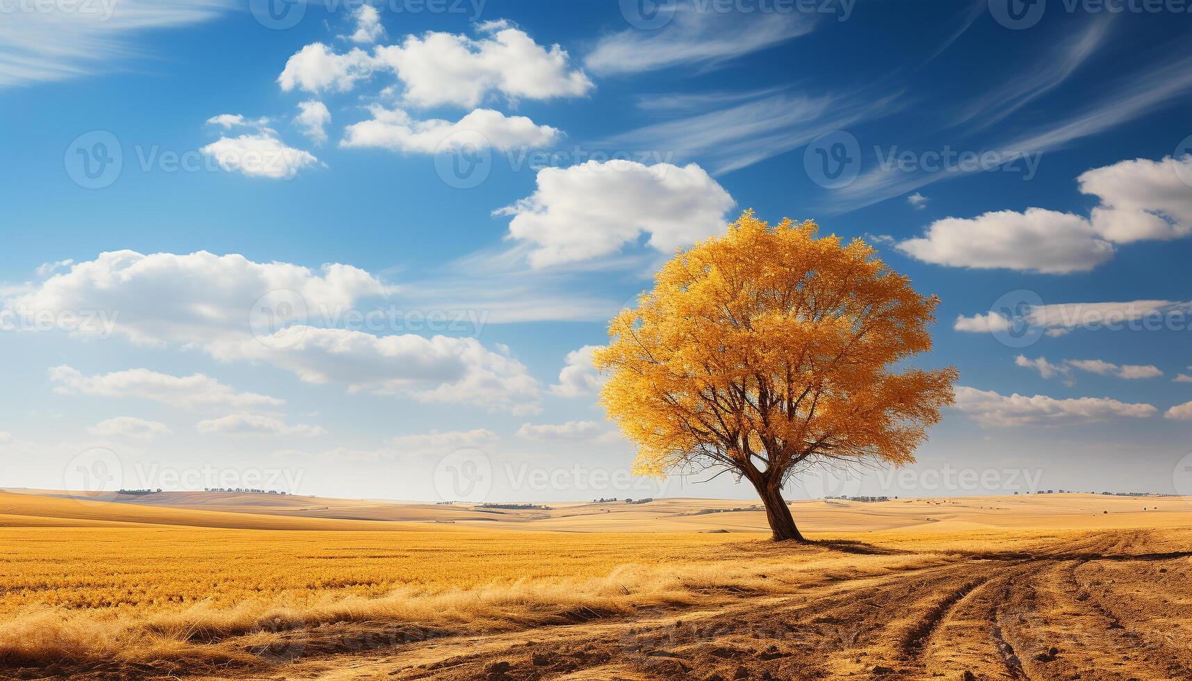 ai generado vibrante otoño prado, azul cielo, amarillo árbol, tranquilo rural escena generado por ai foto