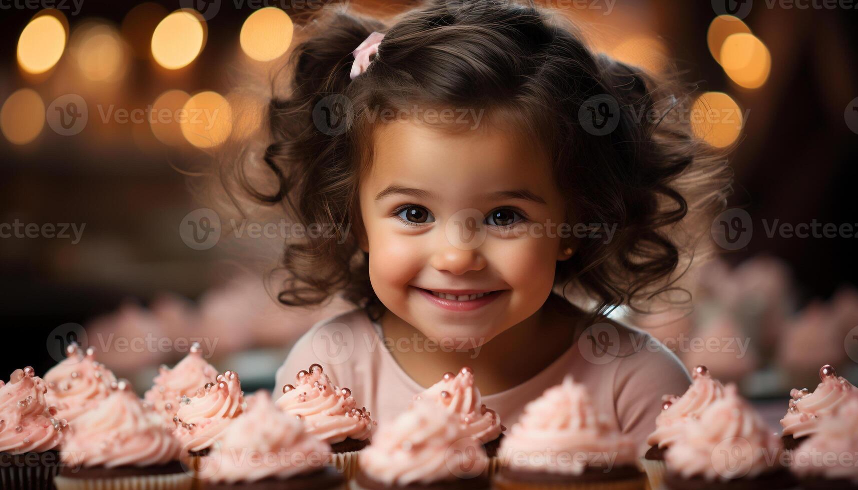 ai generado un lindo, sonriente niña disfruta un dulce magdalena a su cumpleaños fiesta generado por ai foto