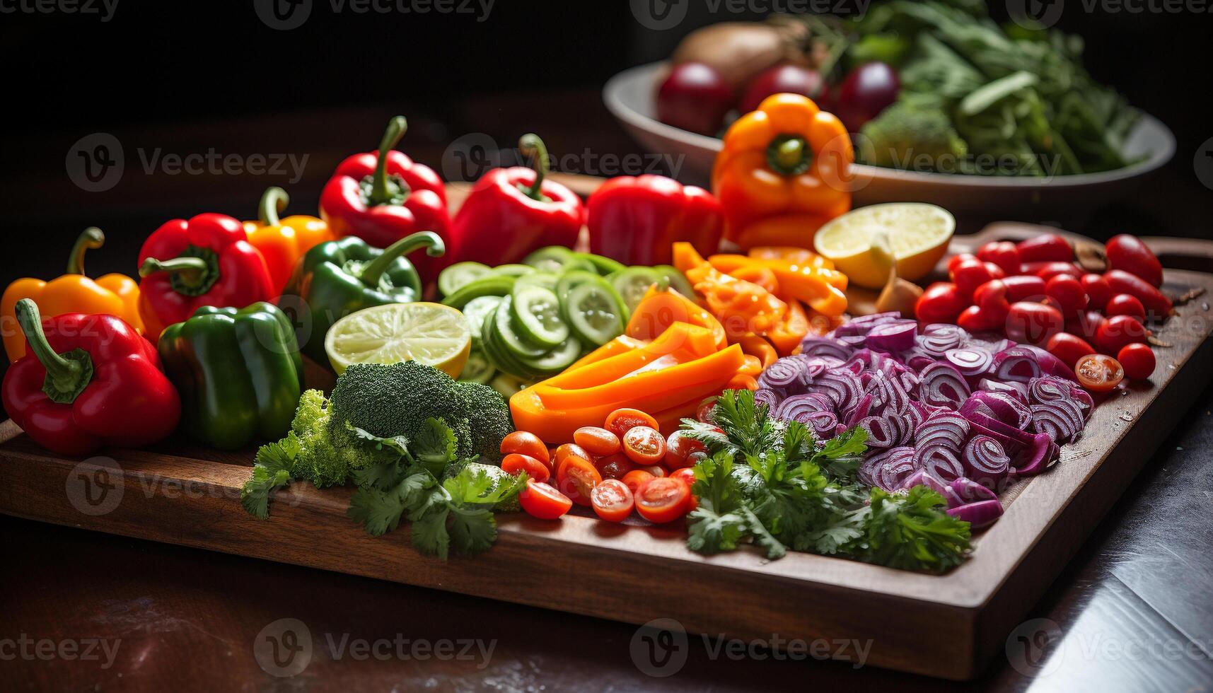 AI generated Fresh, healthy salad with organic vegetables on wooden cutting board generated by AI photo