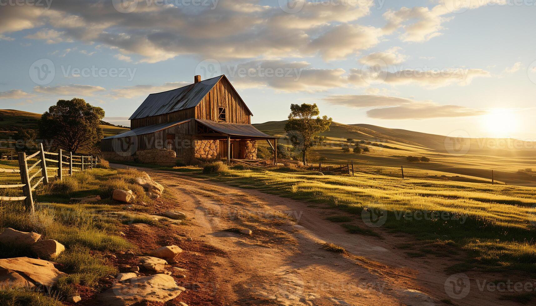 AI generated Rustic farmhouse in tranquil meadow, surrounded by mountains at sunset generated by AI photo