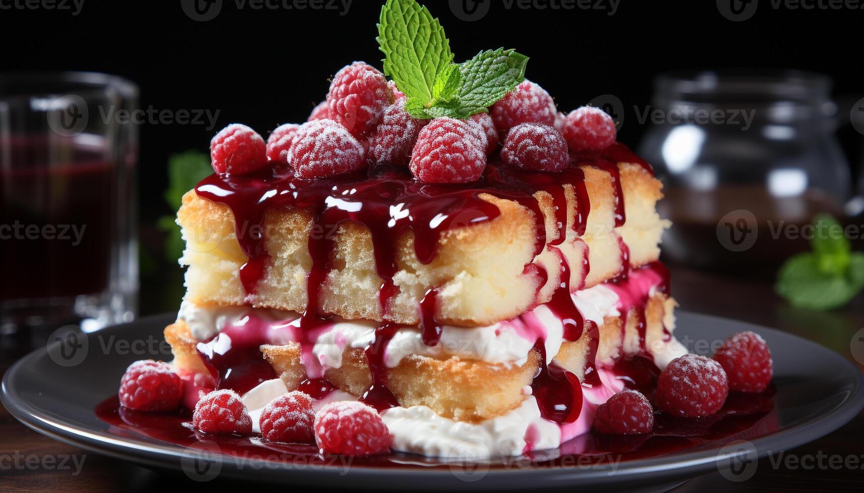 AI generated Homemade gourmet dessert Fresh berry slice on chocolate plate generated by AI photo