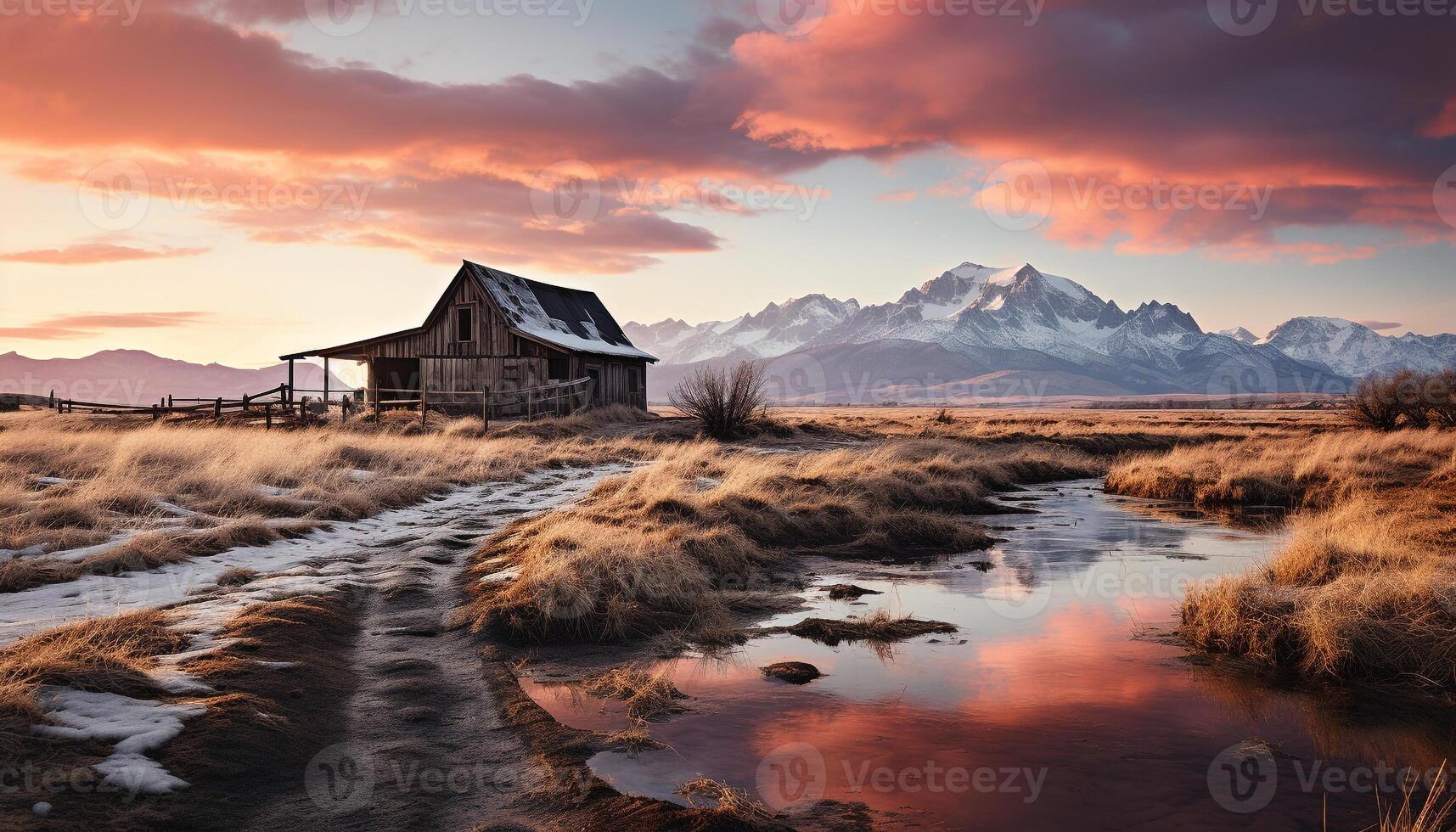 ai generado majestuoso montaña rango refleja tranquilo puesta de sol terminado Nevado paisaje generado por ai foto