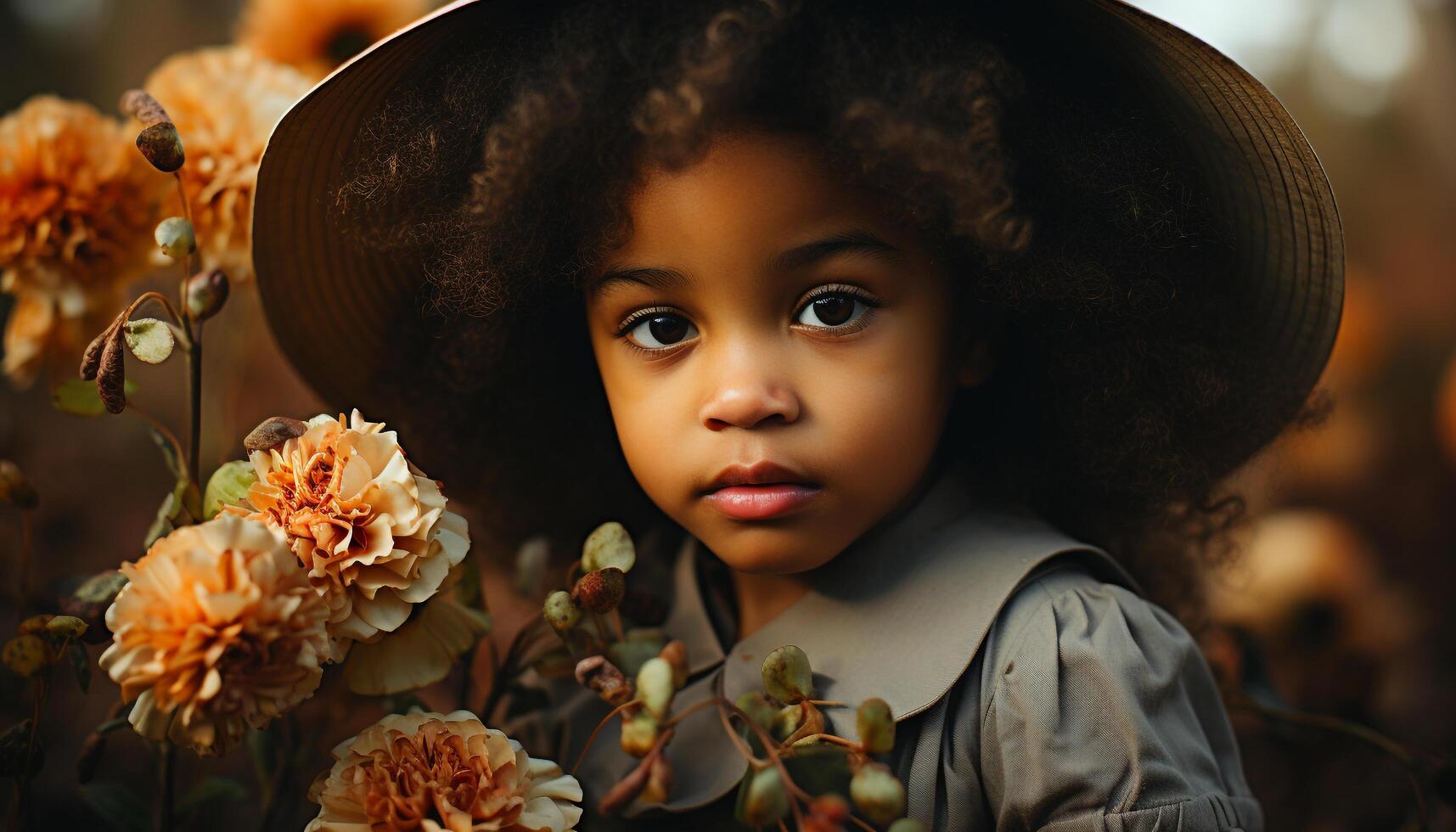 AI generated Cute child smiling outdoors, looking at camera, surrounded by flowers generated by AI photo