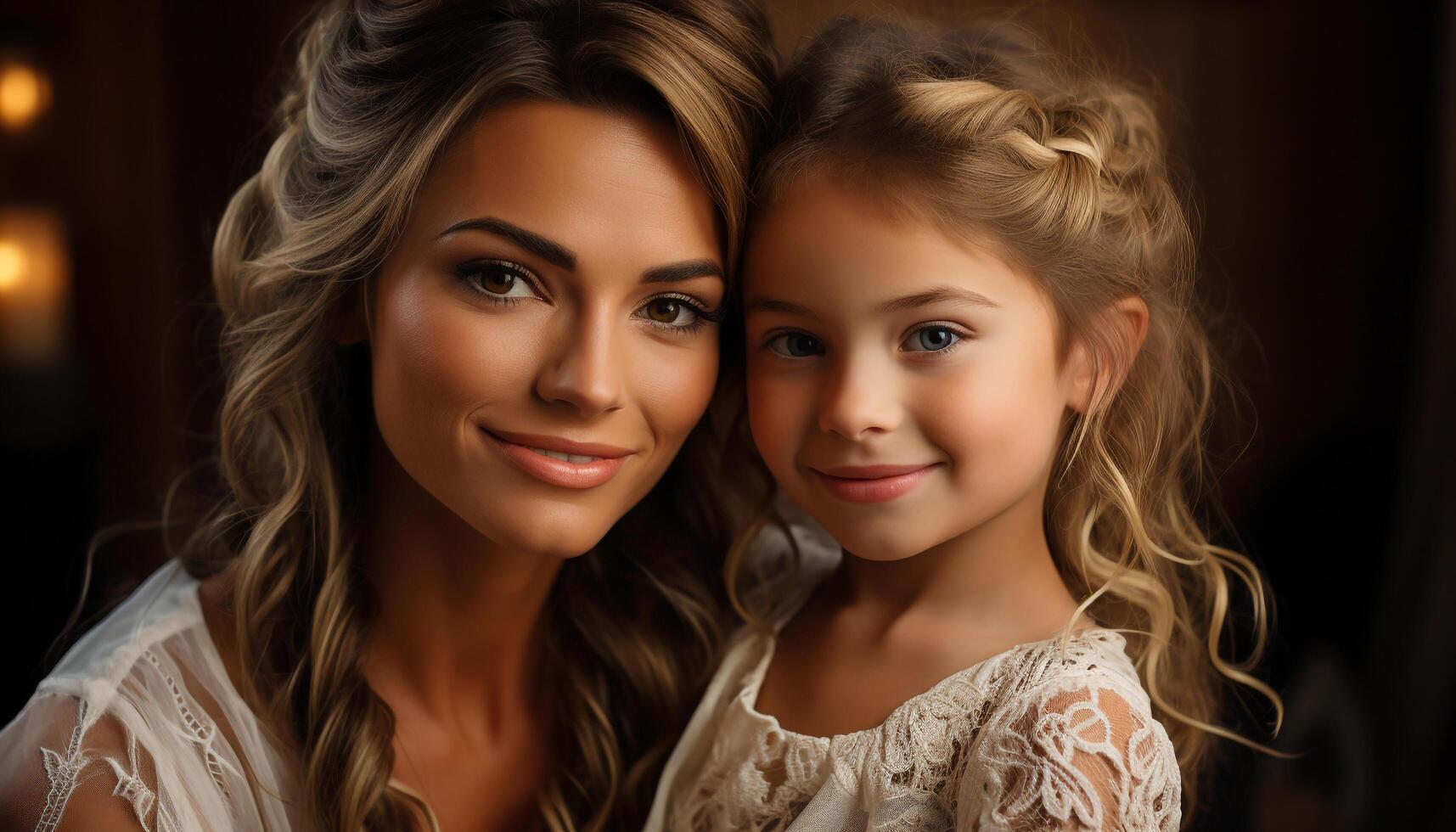 AI generated Smiling family, happiness, love, embracing, cute child, beautiful people generated by AI photo