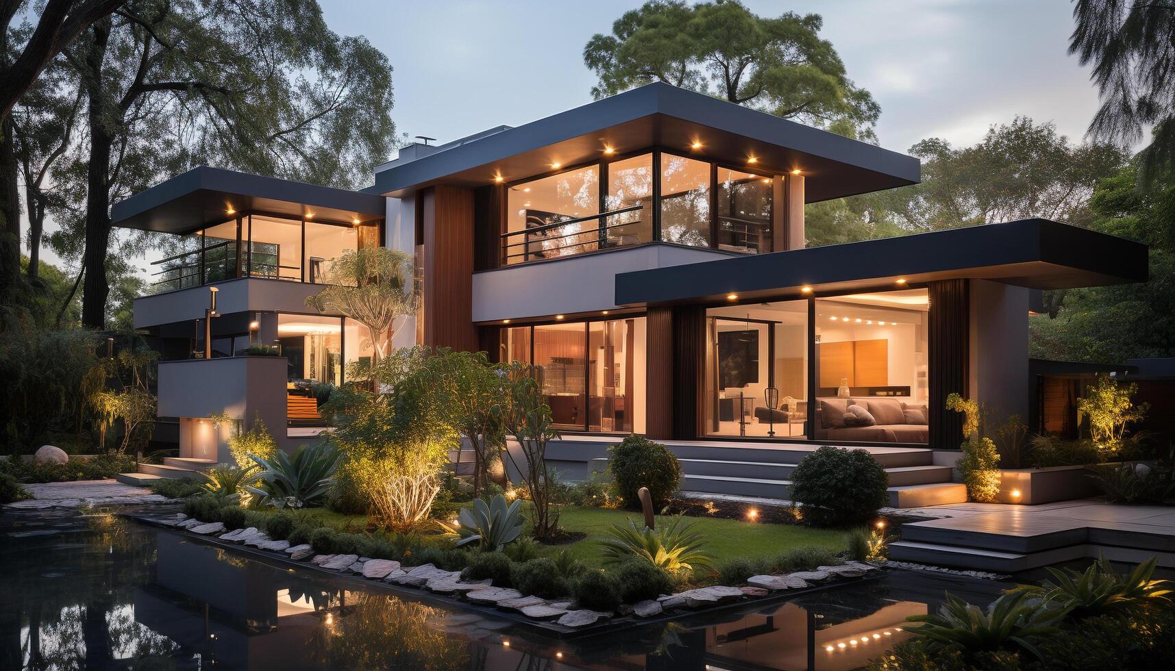 AI generated Luxury modern home with illuminated swimming pool in tropical twilight generated by AI photo