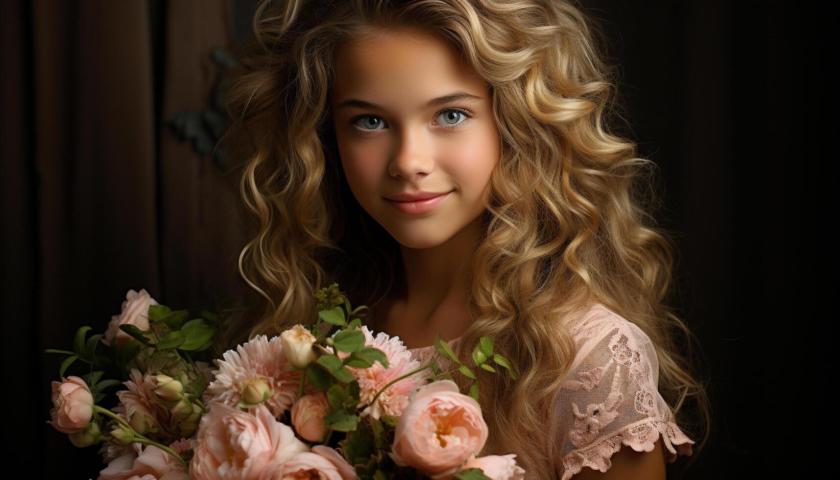 AI generated Cute blond girl smiling, holding bouquet, looking at camera generated by AI photo