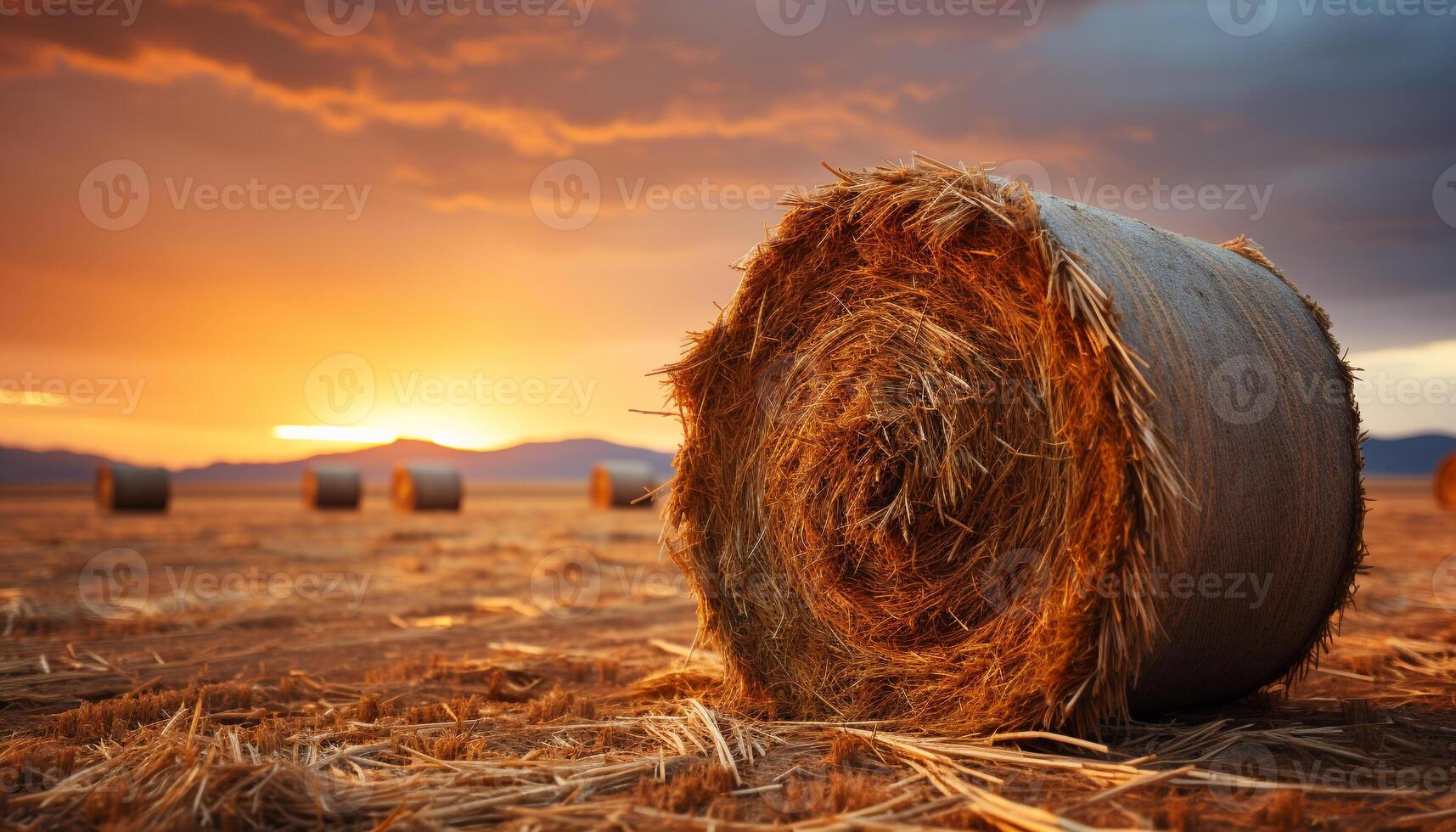 AI generated Sunset over a golden meadow, nature beauty in agriculture generated by AI photo