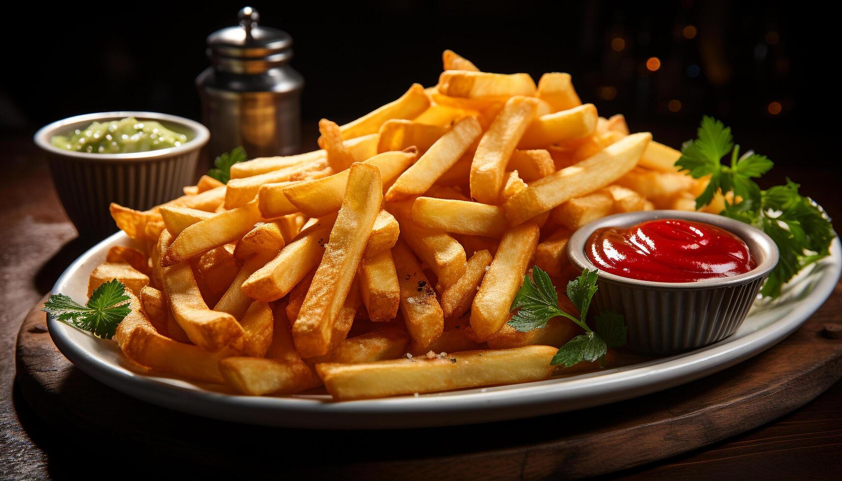 AI generated Freshly fried French fries, a gourmet snack on a plate generated by AI photo