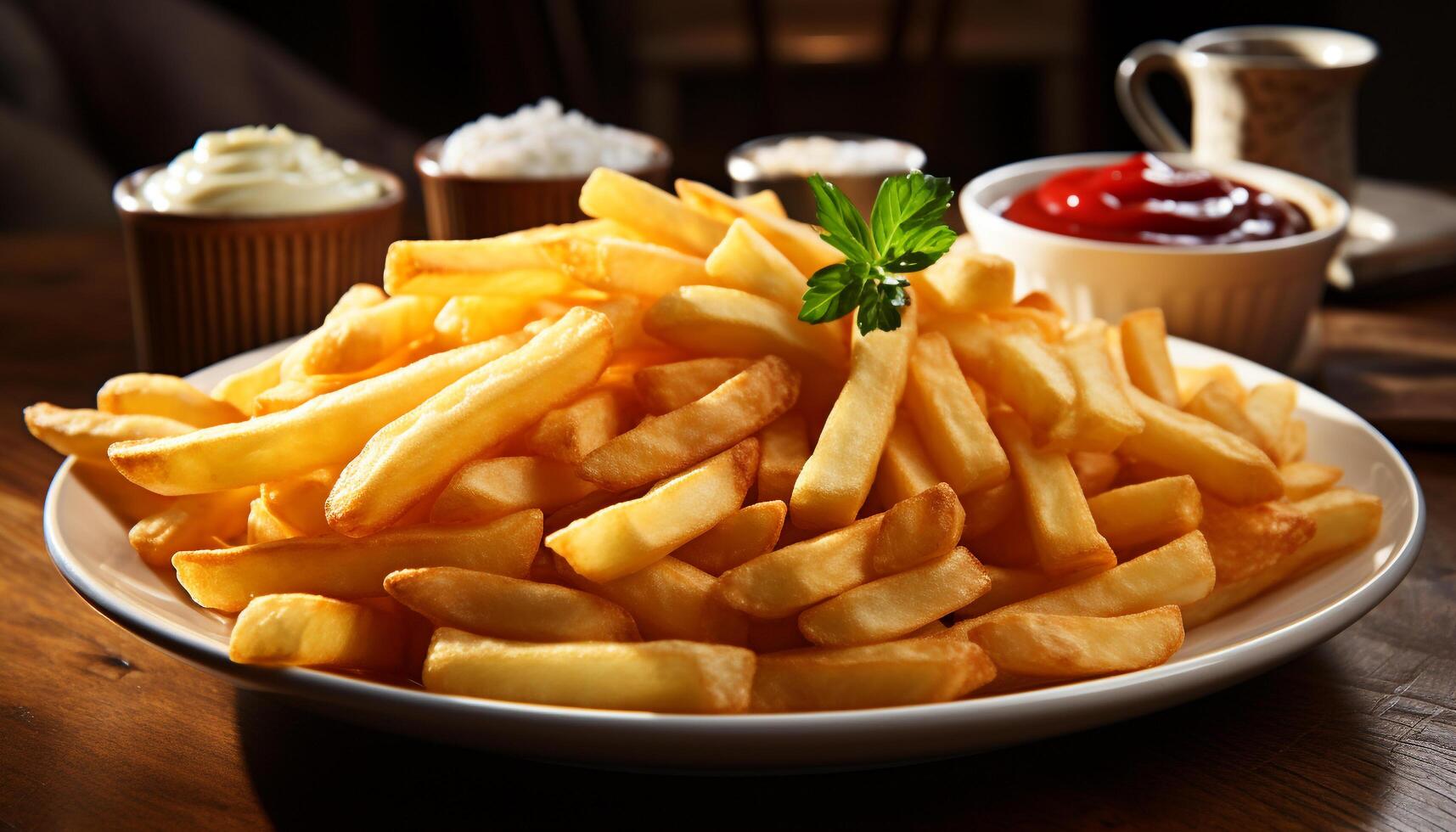 AI generated Freshly cooked French fries on a wooden table, ready to eat generated by AI photo