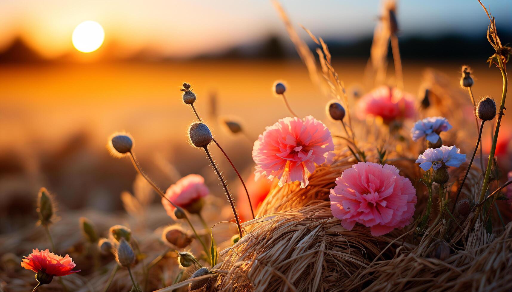 ai generado puesta de sol prado vibrante flores floración, pintura naturaleza romántico obra maestra generado por ai foto