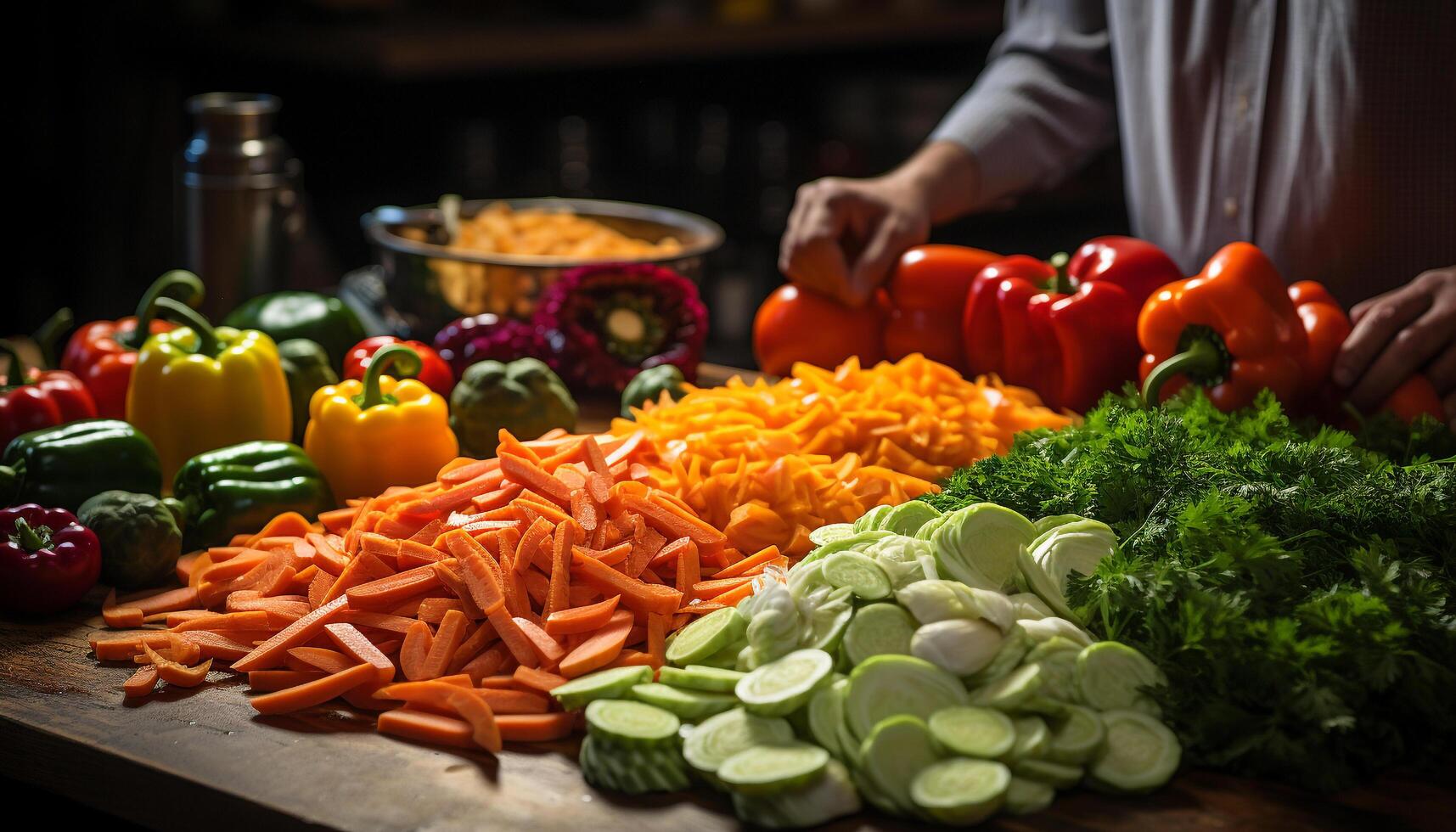 AI generated Fresh, healthy vegetables carrot, tomato, cucumber, onion, bell pepper generated by AI photo