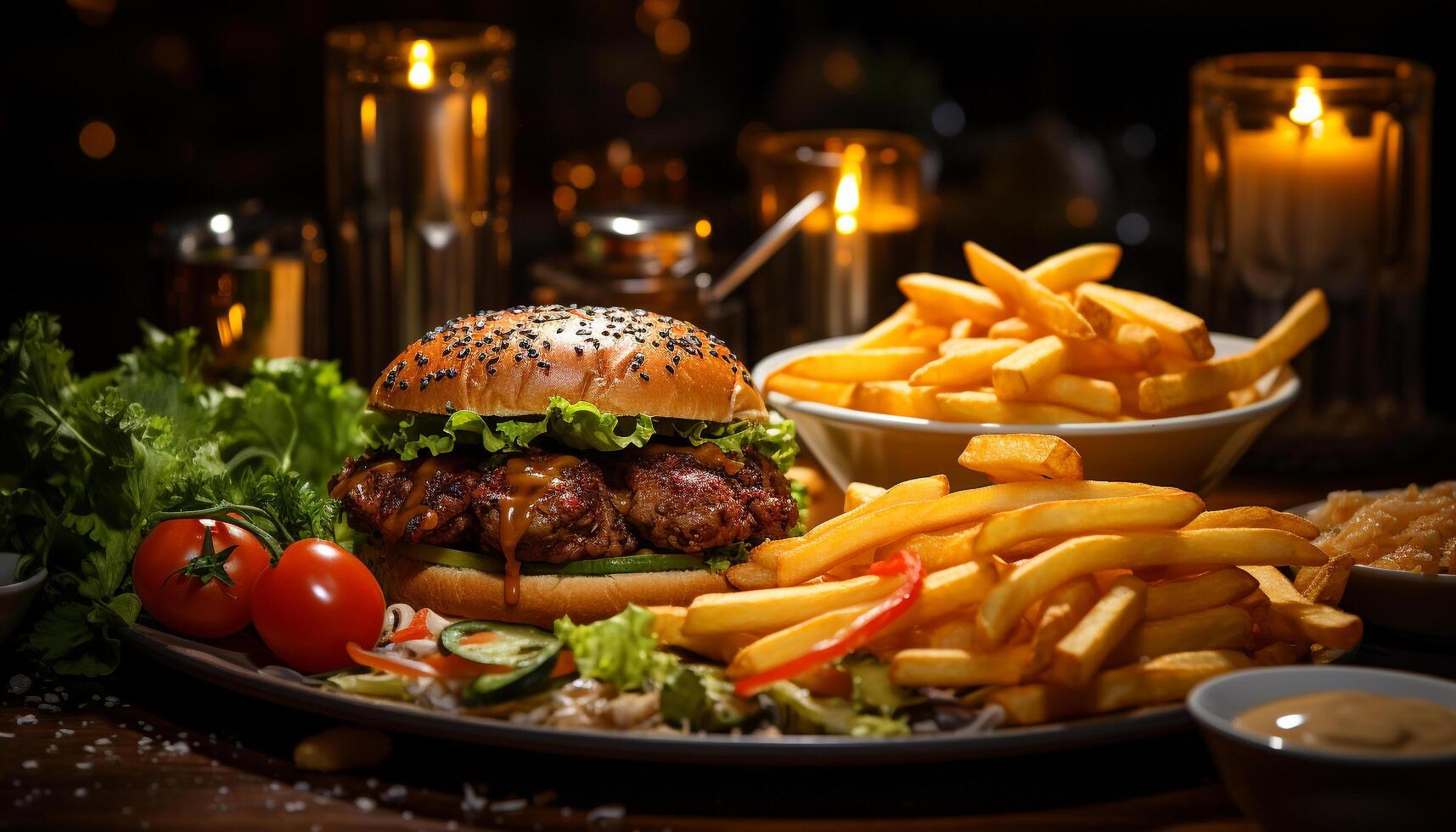 AI generated Gourmet cheeseburger meal on rustic wooden table, ready to eat generated by AI photo
