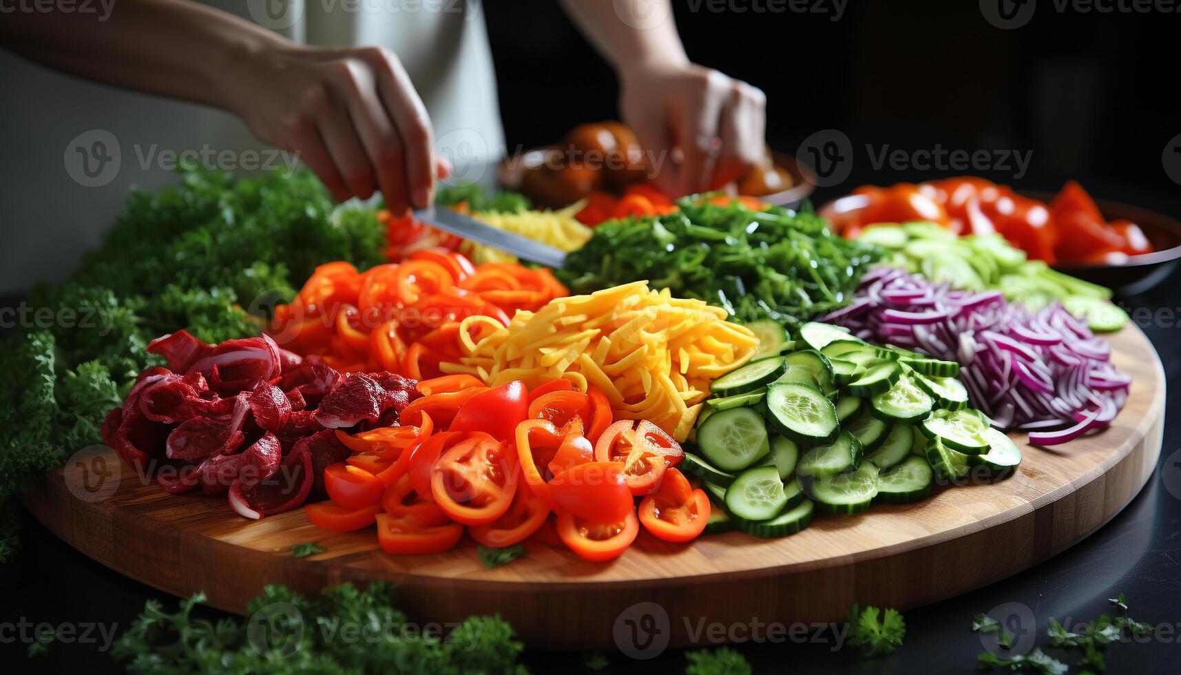 AI generated Fresh, healthy salad vegetarian, organic, with tomato, cucumber, and bell pepper generated by AI photo