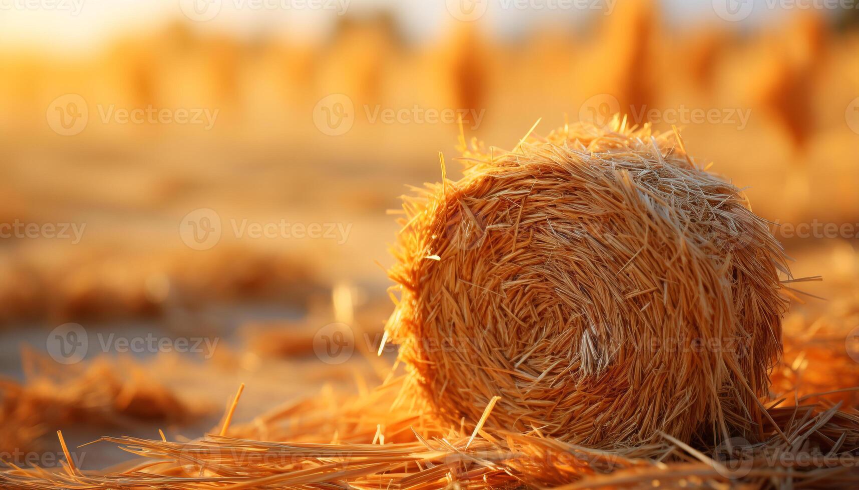 AI generated Rural scene yellow meadow, rolled up haystacks, ripe grain, sunset beauty generated by AI photo