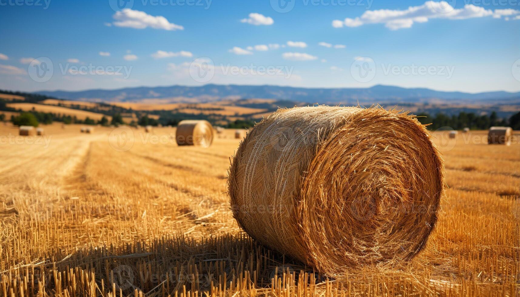 AI generated Agriculture beauty in nature yellow meadow, rolled up haystacks, blue sky generated by AI photo