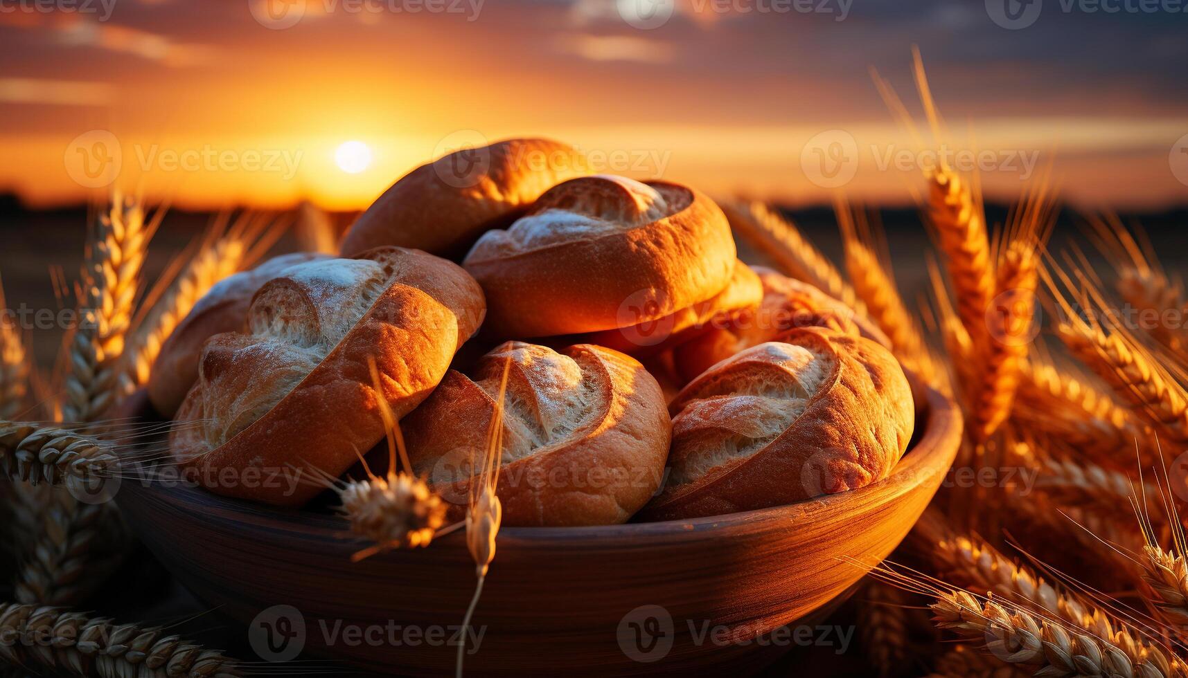 AI generated Freshly baked bread, nature harvest, rustic and healthy eating generated by AI photo