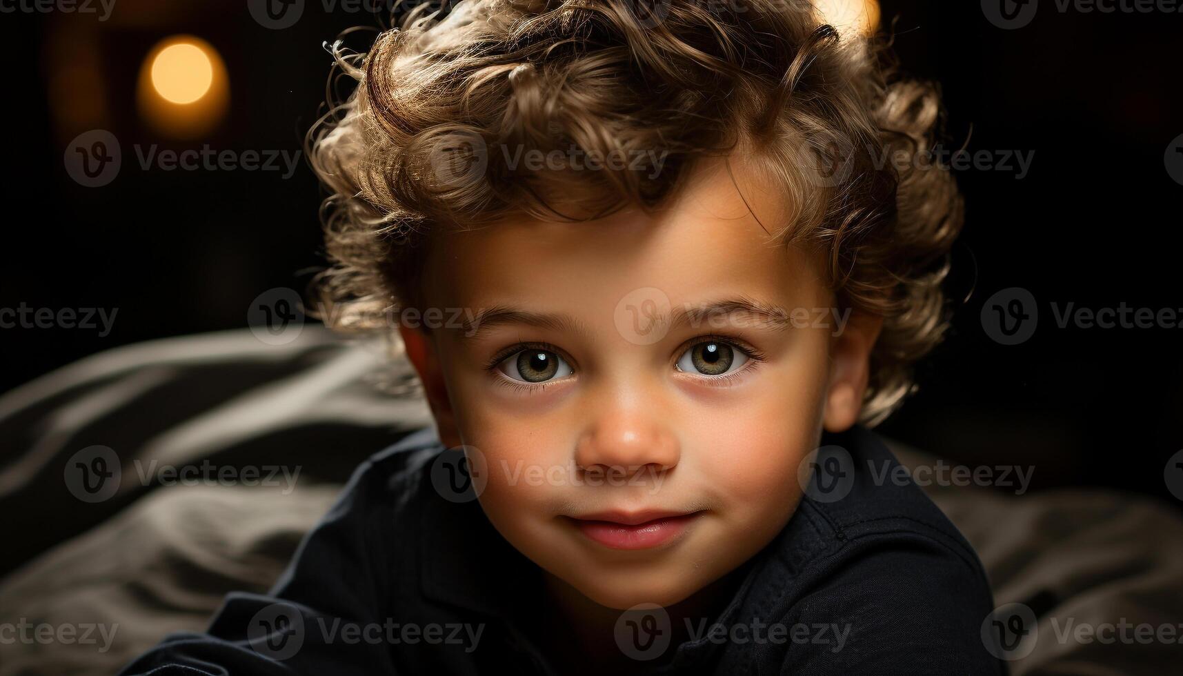 ai generado linda Rizado peludo chico sonriente, mirando a cámara en oscuro dormitorio generado por ai foto