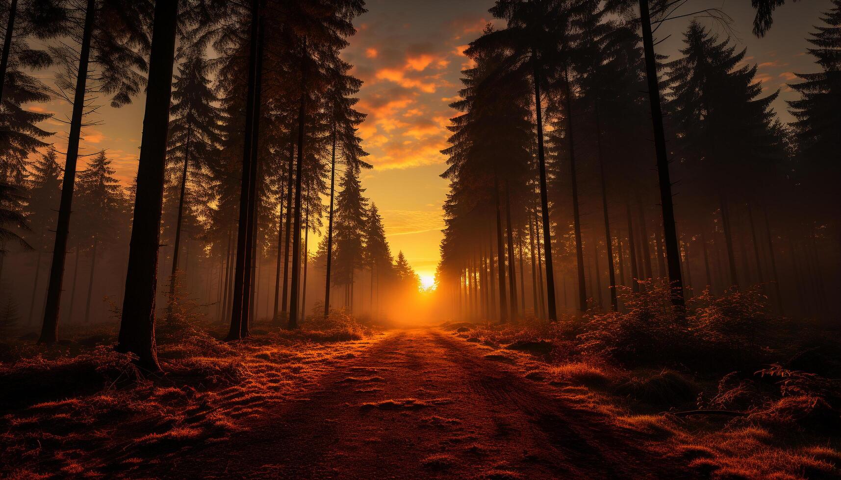 AI generated Tranquil dusk, nature beauty in autumn, mysterious forest silhouette generated by AI photo