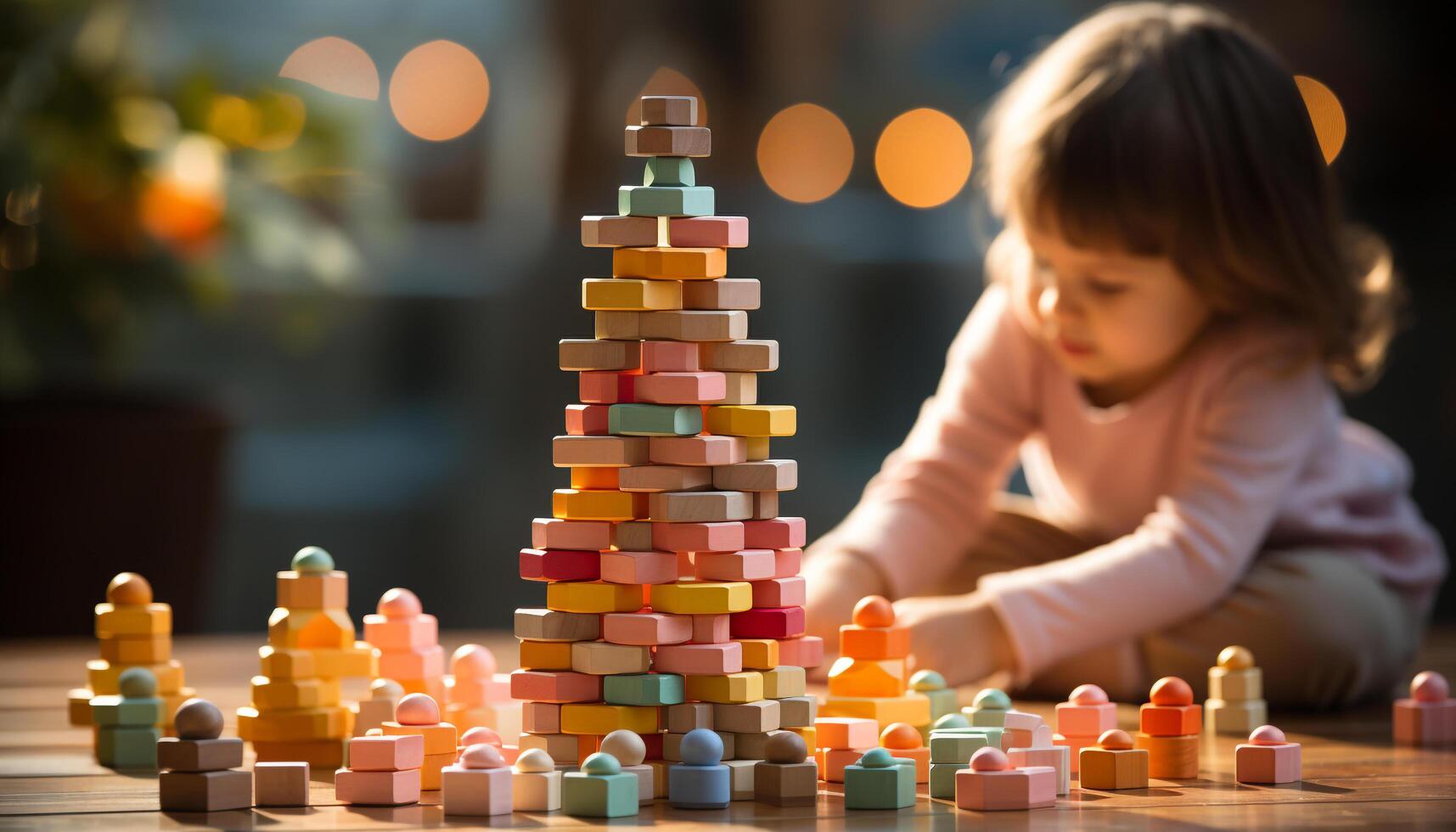 AI generated Cute toddler playing with colorful Christmas decorations, spreading joy generated by AI photo