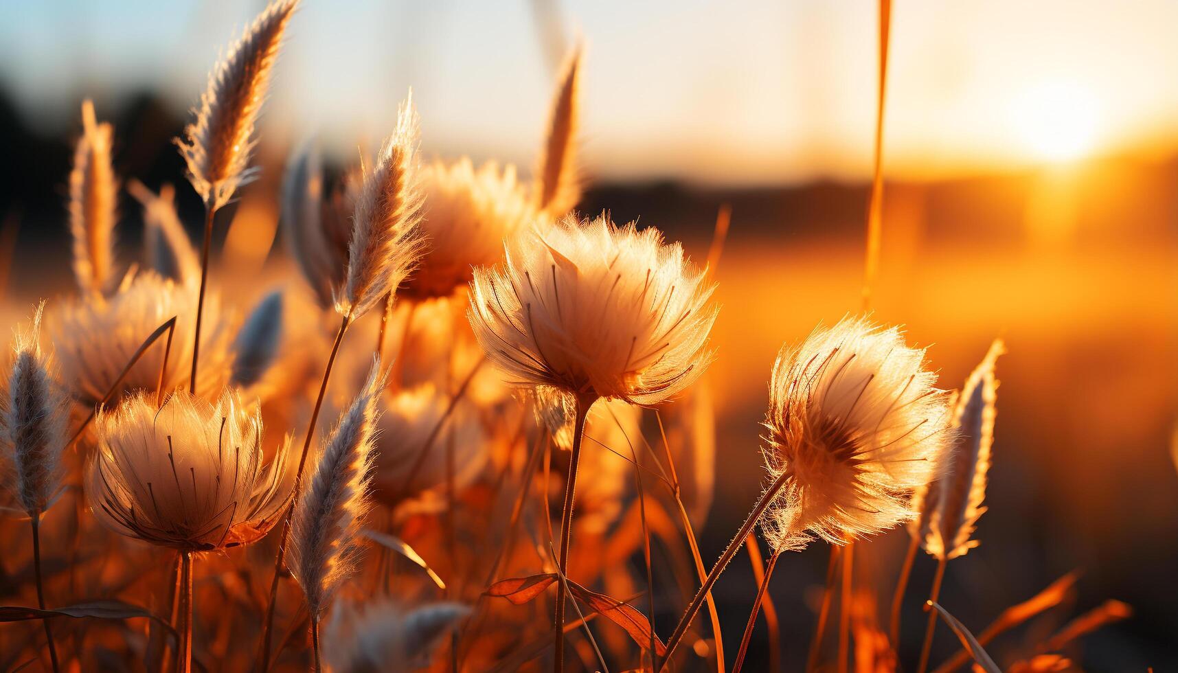 ai generado brillante puesta de sol siluetas trigo, prado, y flores silvestres en naturaleza belleza generado por ai foto