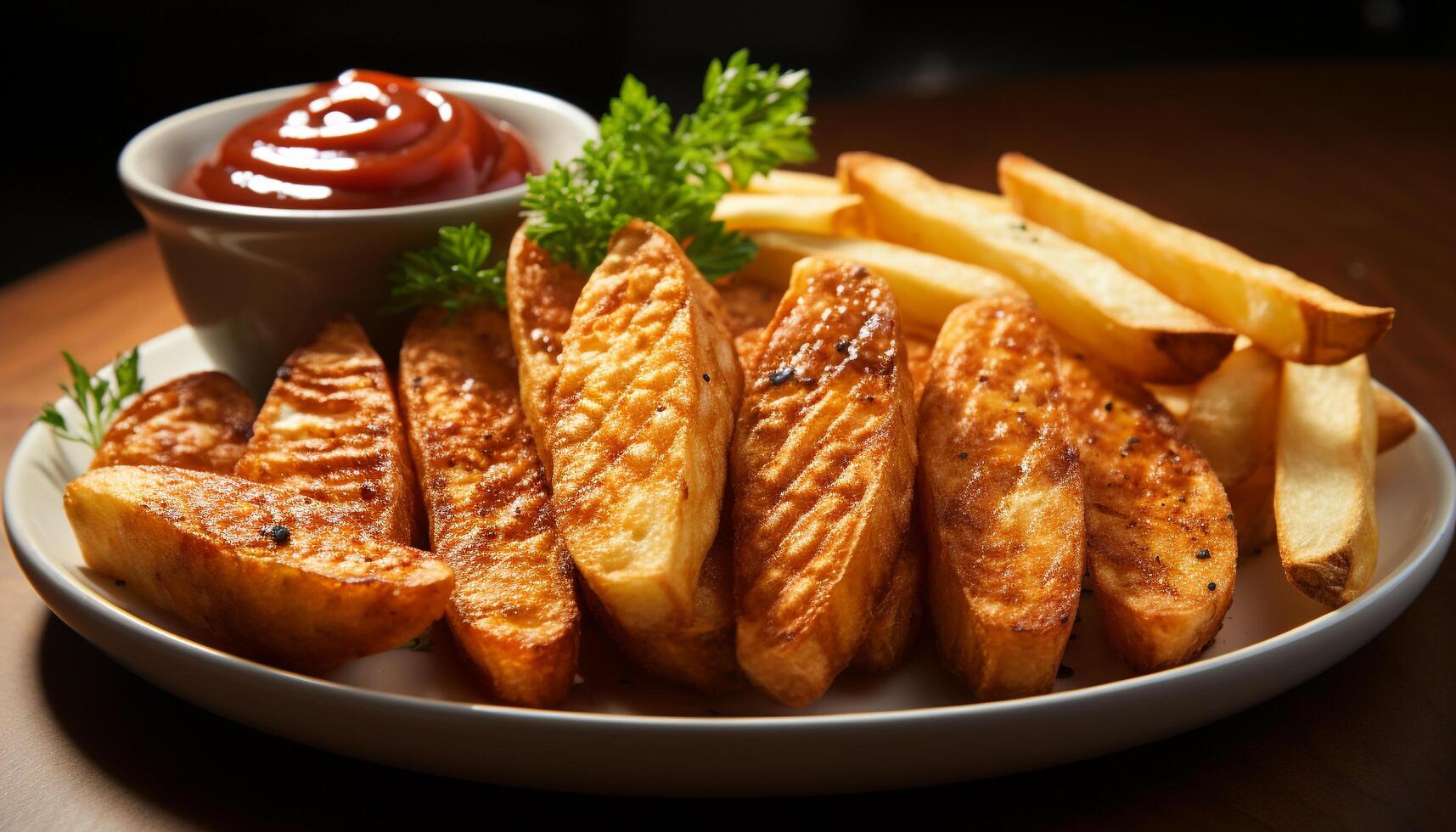 AI generated Grilled meat, fries, and sauce on plate, ready to eat generated by AI photo