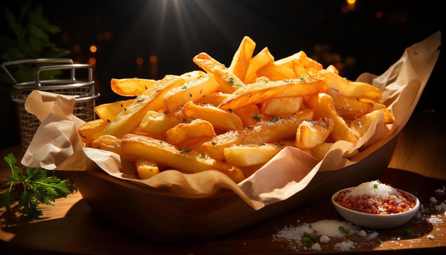 AI generated Freshness and crunchiness of gourmet French fries in a basket generated by AI photo