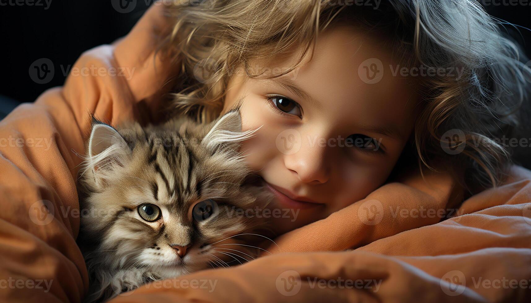 AI generated Cute child embraces small kitten, pure love and happiness generated by AI photo