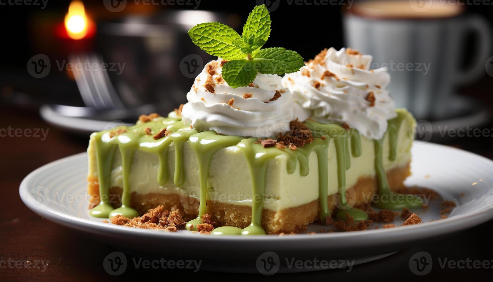 AI generated Freshly baked chocolate cake with whipped cream and mint leaf generated by AI photo