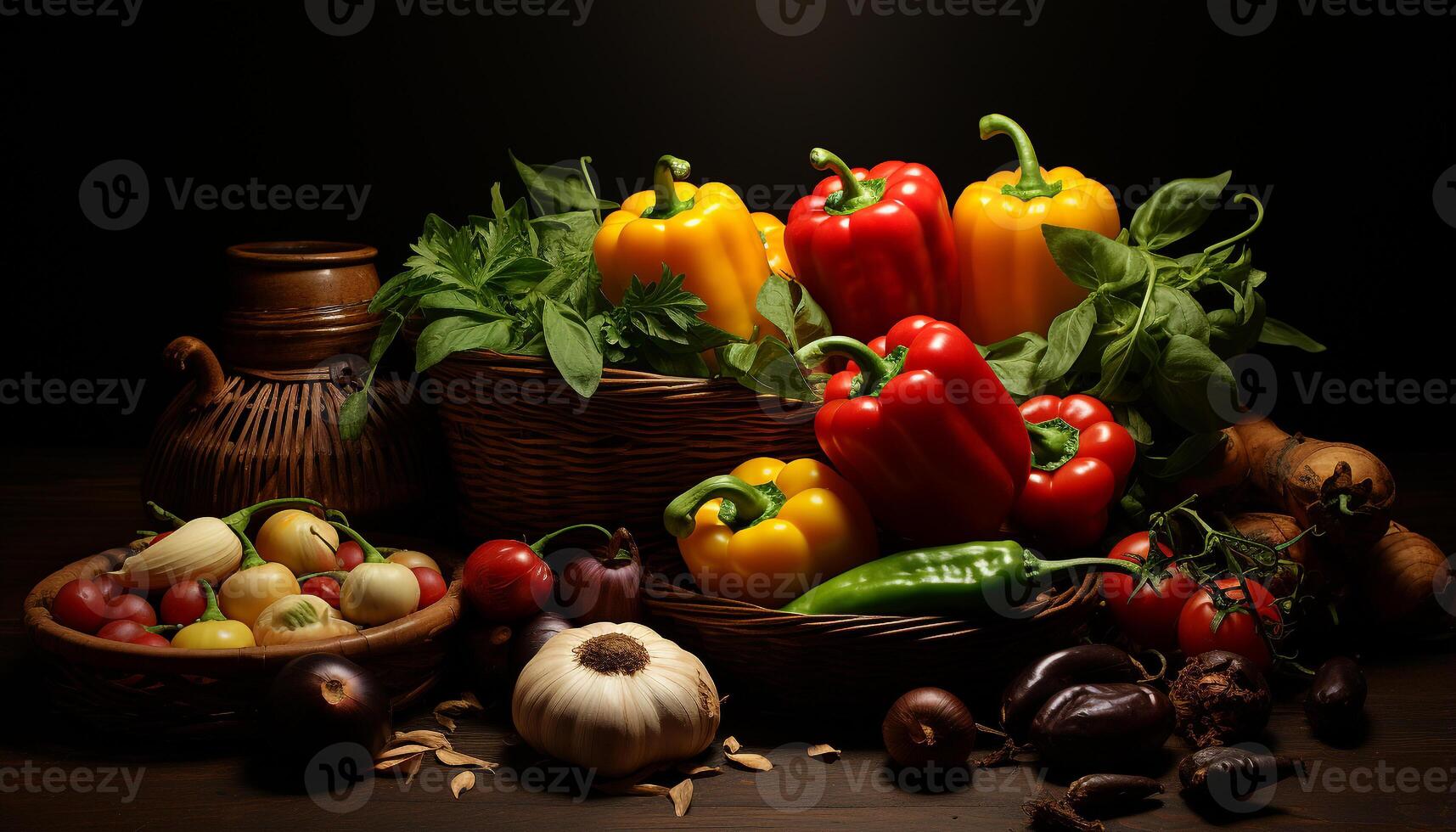 ai generado Fresco orgánico vegetales en de madera mesa, sano vegetariano comida generado por ai foto