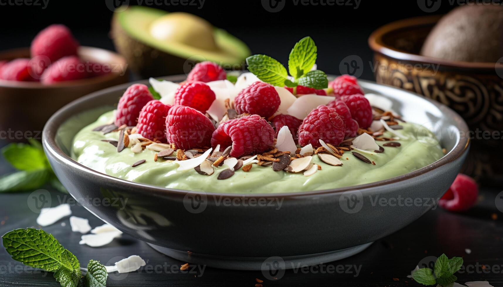 AI generated Fresh raspberry dessert with mint leaf on wooden table generated by AI photo