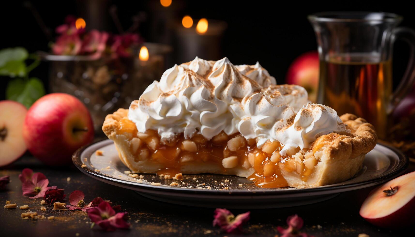 AI generated Fresh fruit dessert on wooden plate, homemade sweet pie indulgence generated by AI photo