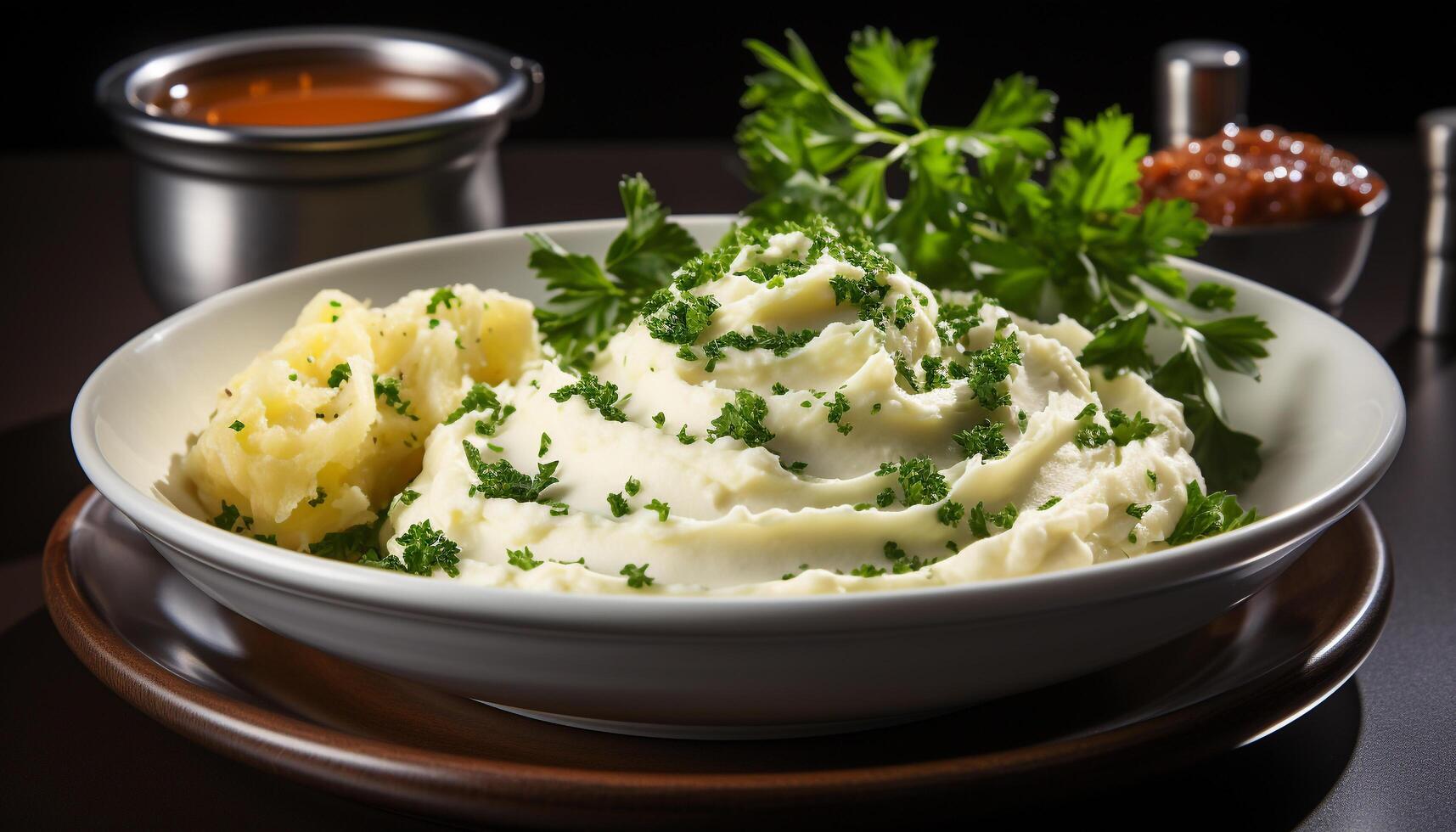 AI generated Freshly cooked gourmet meal healthy vegetarian mashed potatoes with parsley generated by AI photo
