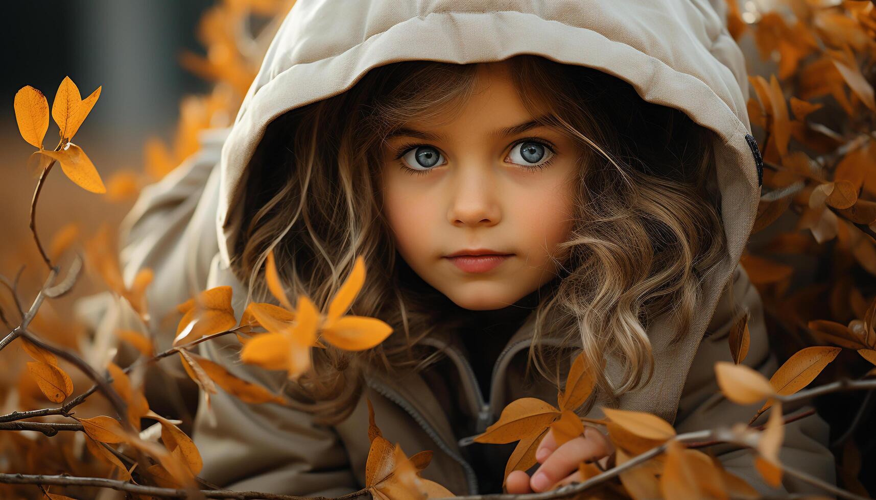 AI generated Smiling girl playing in the autumn forest, innocence and joy generated by AI photo