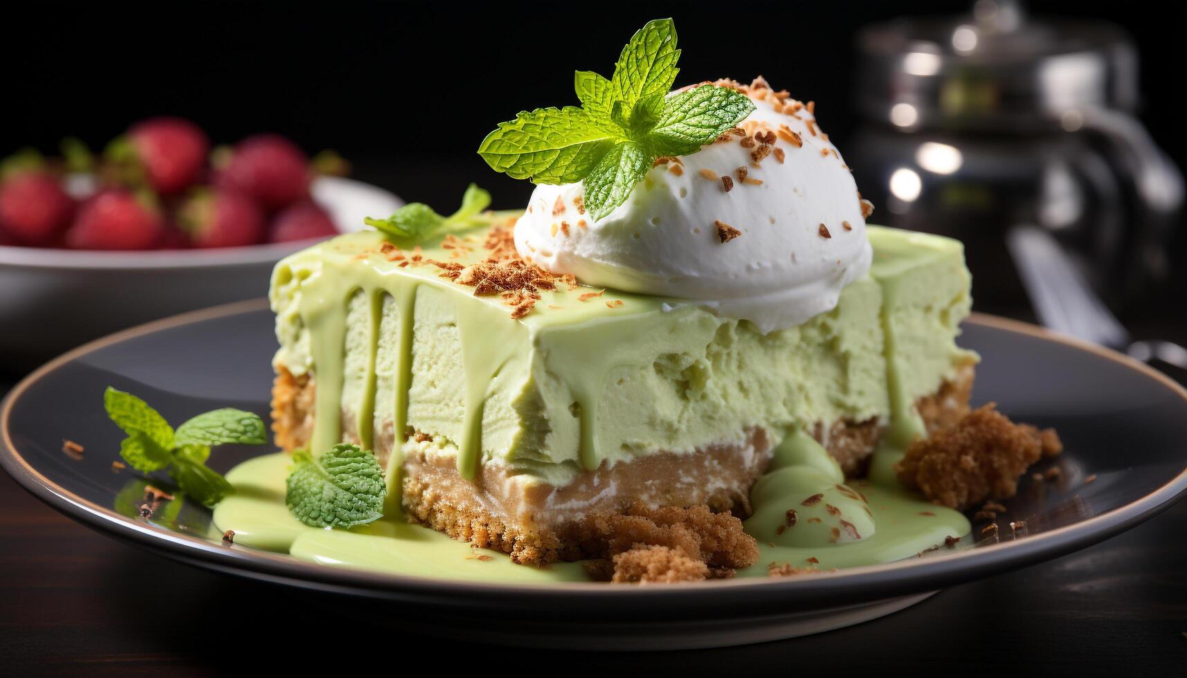 AI generated A fresh, homemade dessert sweet fruit, whipped cream, and chocolate generated by AI photo