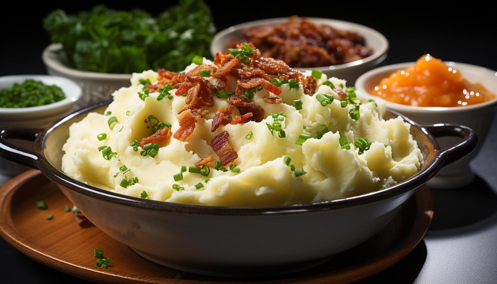 AI generated Freshly cooked gourmet meal healthy vegetarian mashed potatoes with savory sauce generated by AI photo