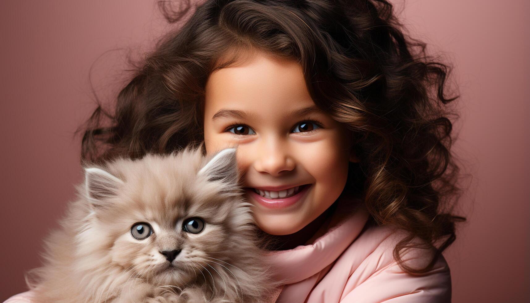 ai generado sonriente niño abraza juguetón gatito, radiante amor y inocencia generado por ai foto