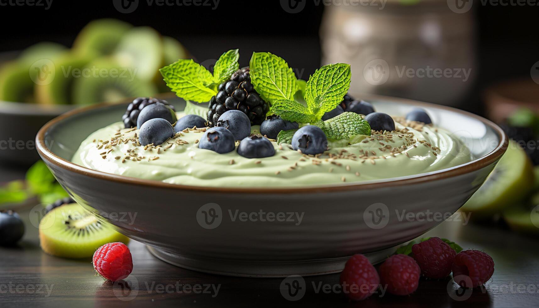 AI generated Fresh blueberry and raspberry dessert with mint leaf on wooden table generated by AI photo
