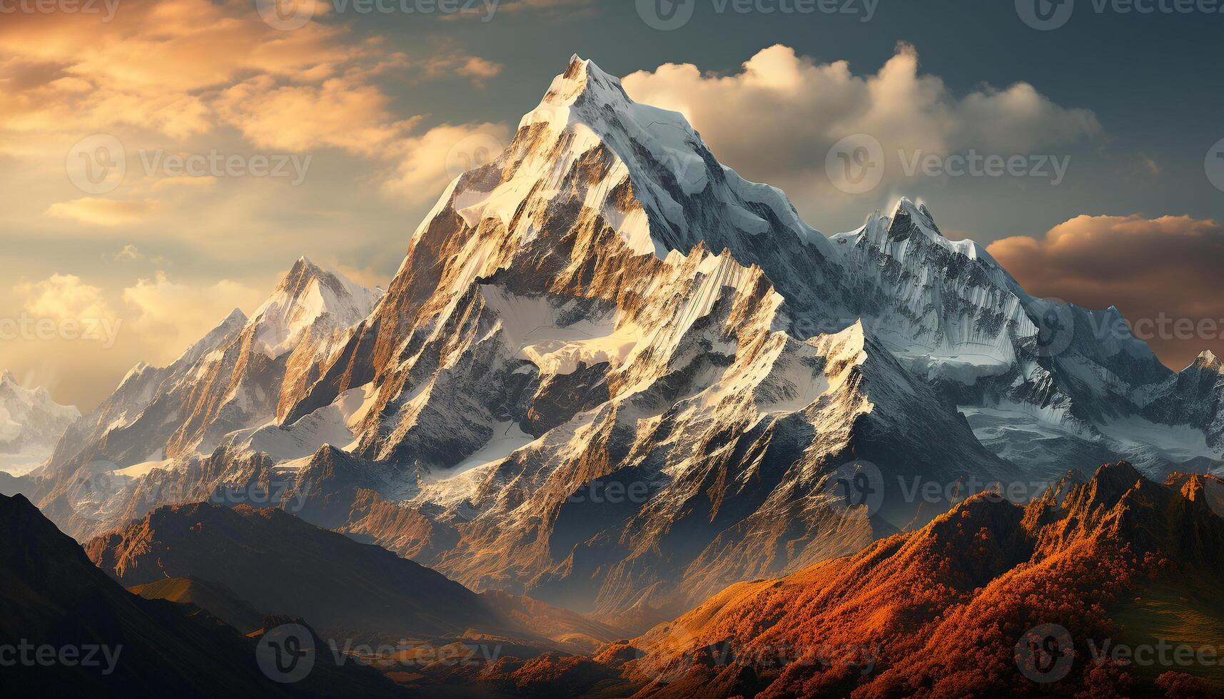 AI generated Majestic mountain peak, nature beauty, panoramic sunset, hiking adventure generated by AI photo