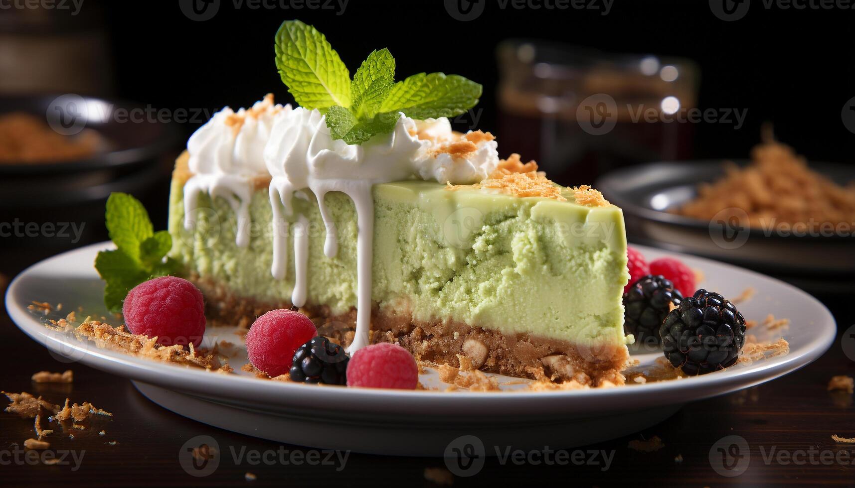 AI generated Indulgent homemade dessert chocolate cheesecake with fresh berries and mint generated by AI photo