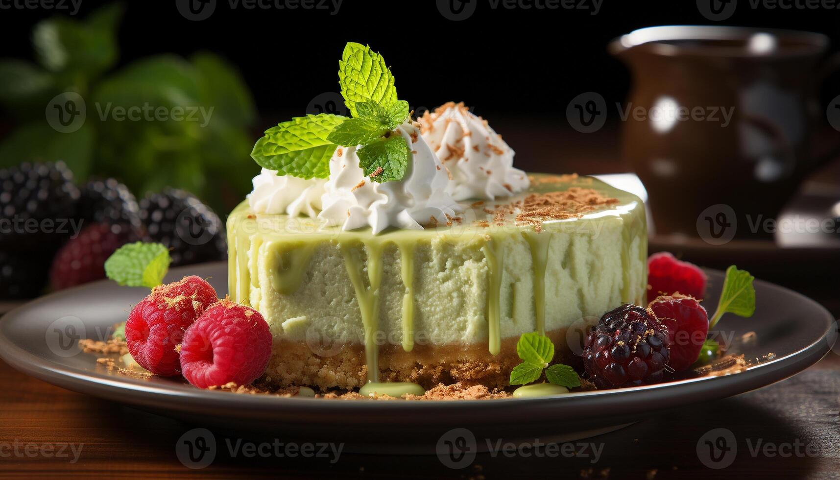 AI generated Homemade berry cheesecake with fresh fruit and whipped cream generated by AI photo