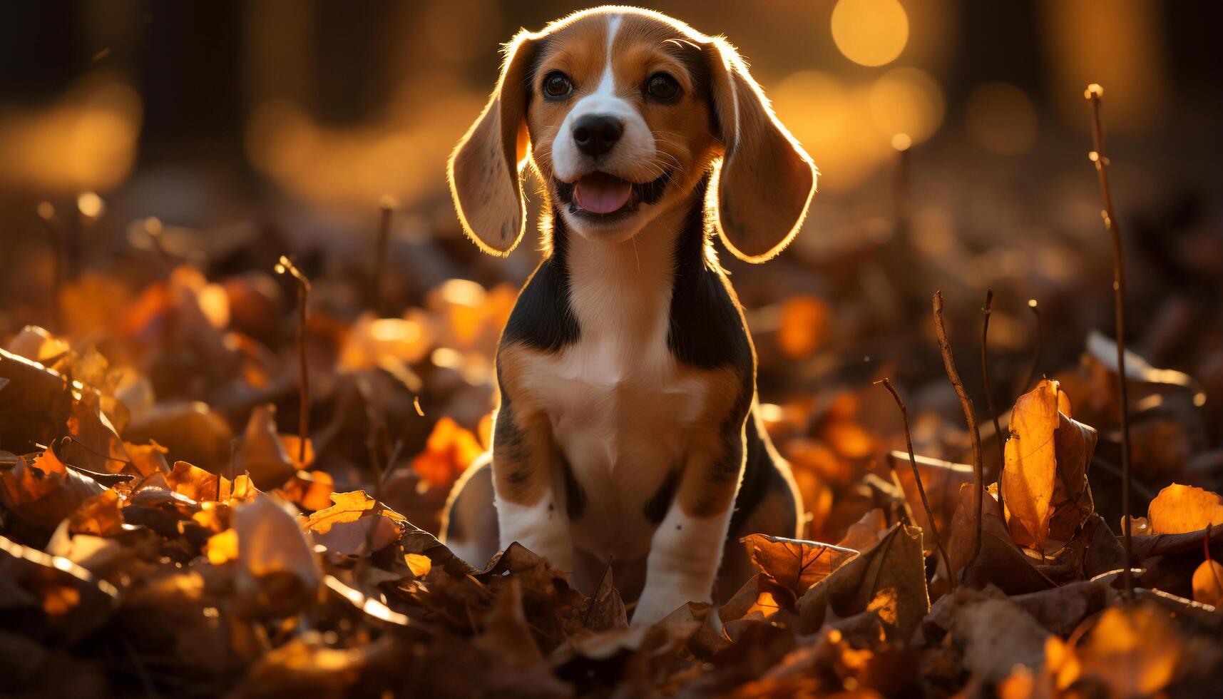 AI generated Cute puppy sitting in grass, looking at autumn leaves generated by AI photo