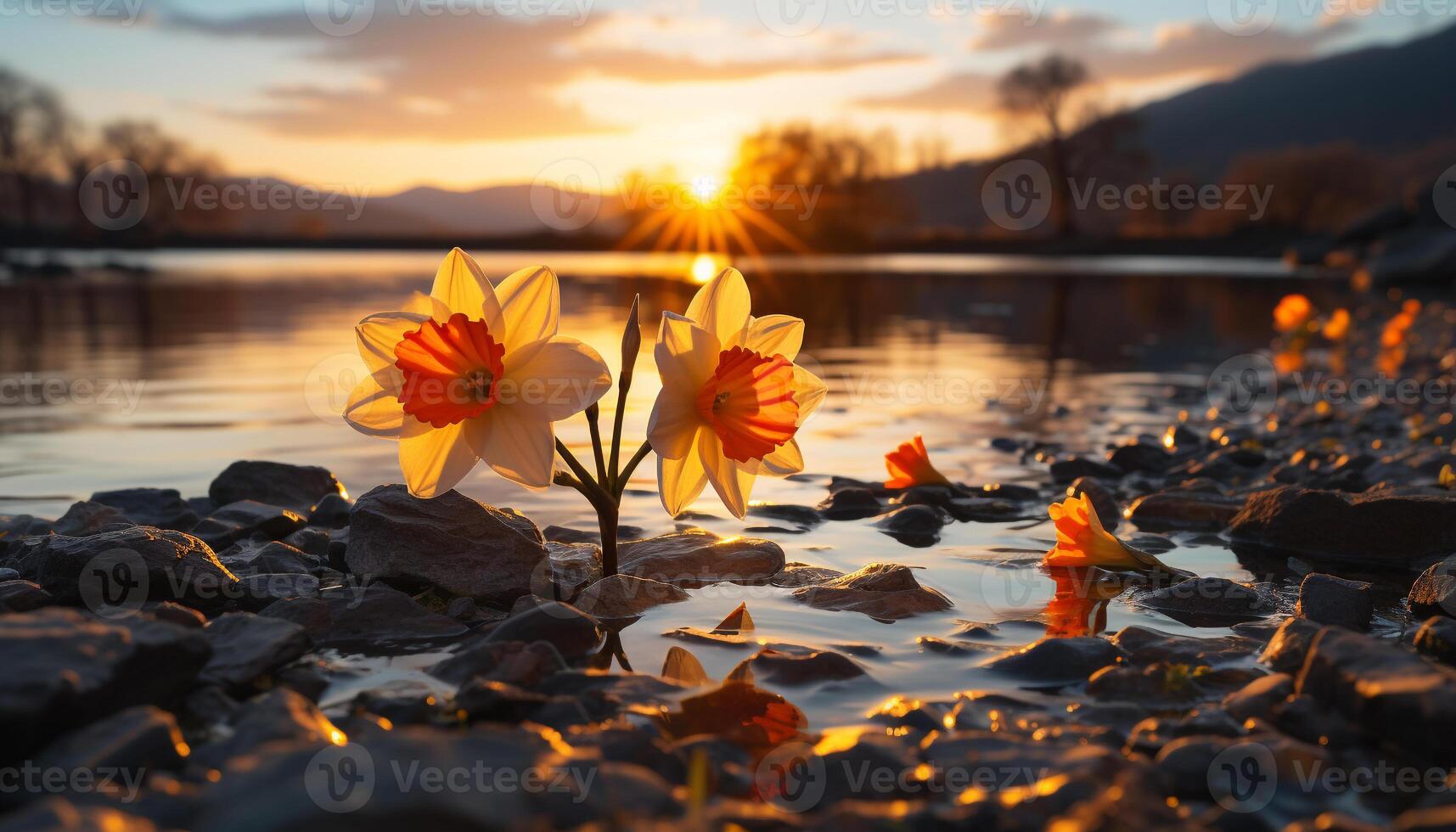 AI generated Vibrant autumn leaves reflect in tranquil pond, nature beauty generated by AI photo