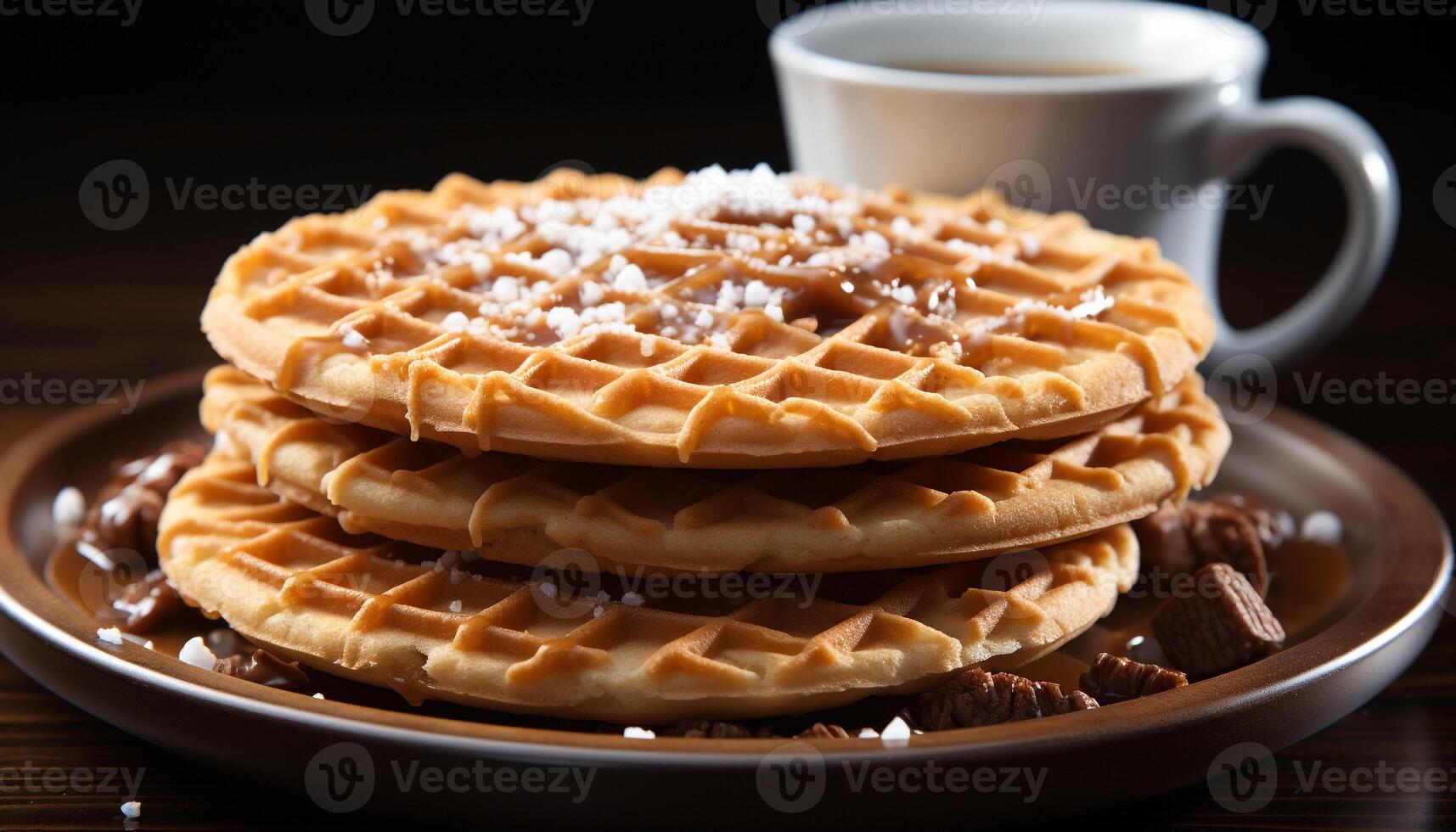 ai generado recién horneado hecho en casa panqueques con dulce chocolate jarabe y caramelo generado por ai foto