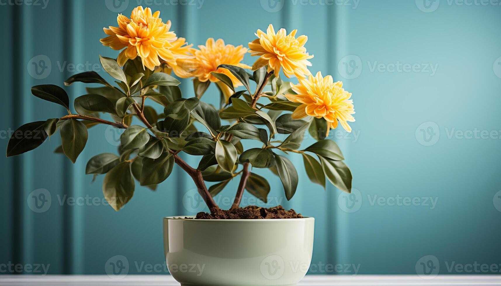 AI generated Freshness of nature in a vase, green leaves and yellow flowers generated by AI photo