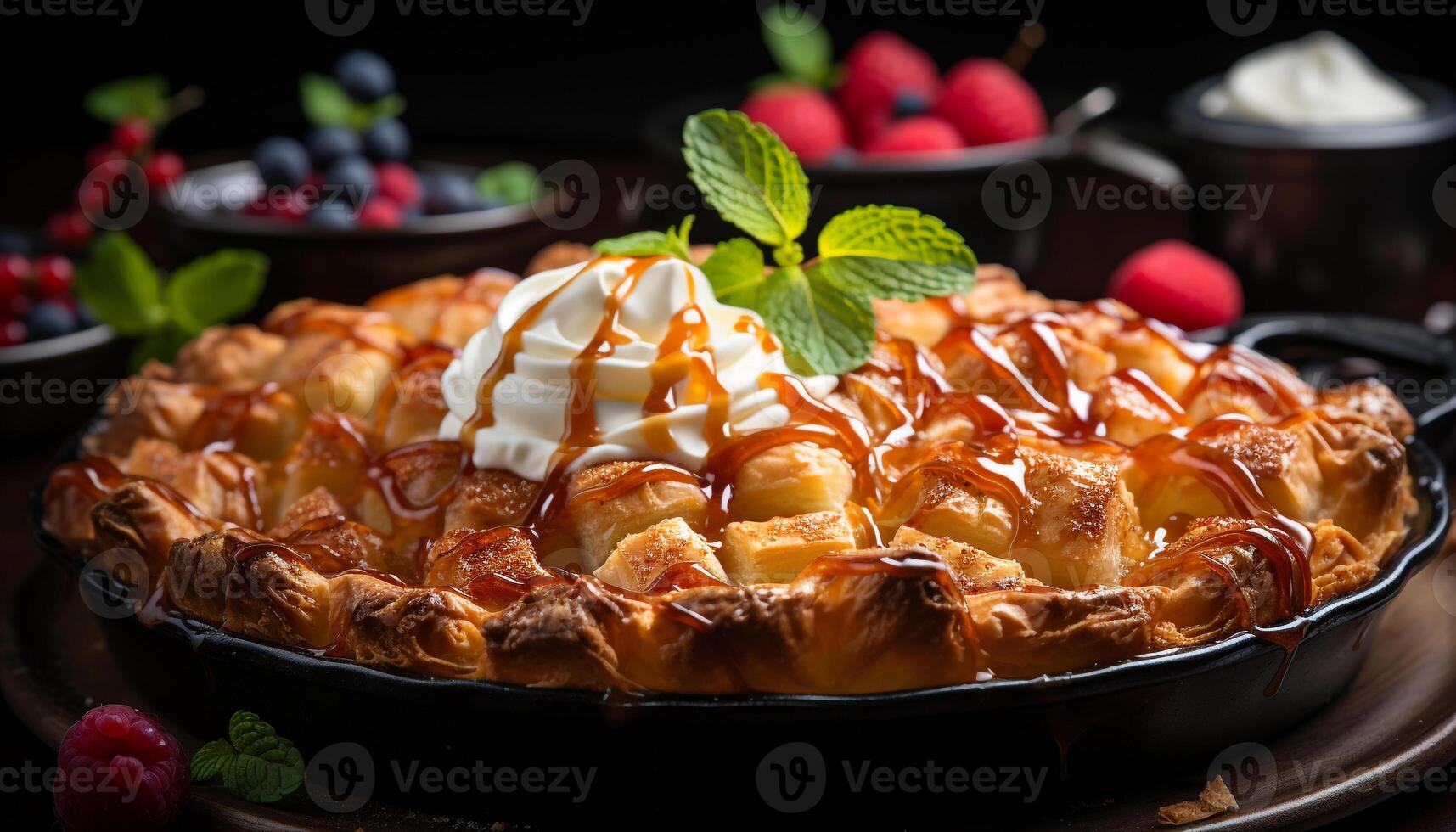 AI generated Homemade berry tart on wooden plate, fresh and indulgent generated by AI photo