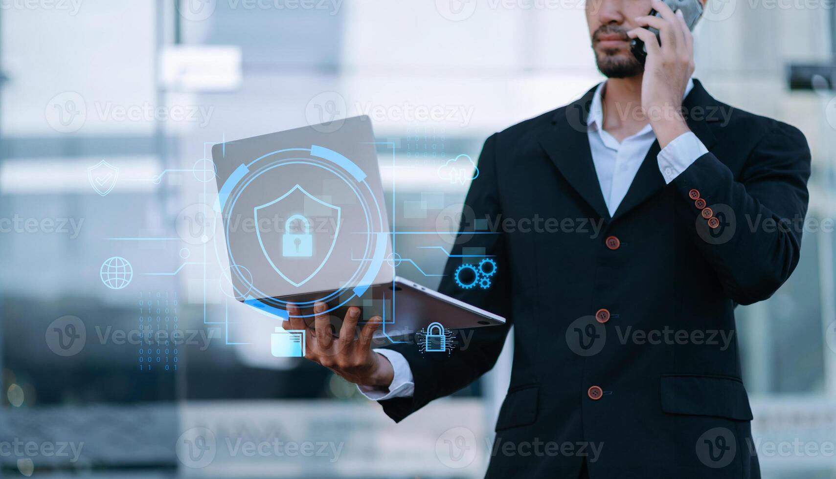 Cybersecurity and privacy concepts to protect data. Lock icon and network security technology. Man protecting personal data on smartphone tablet, virtual screen interfaces. photo