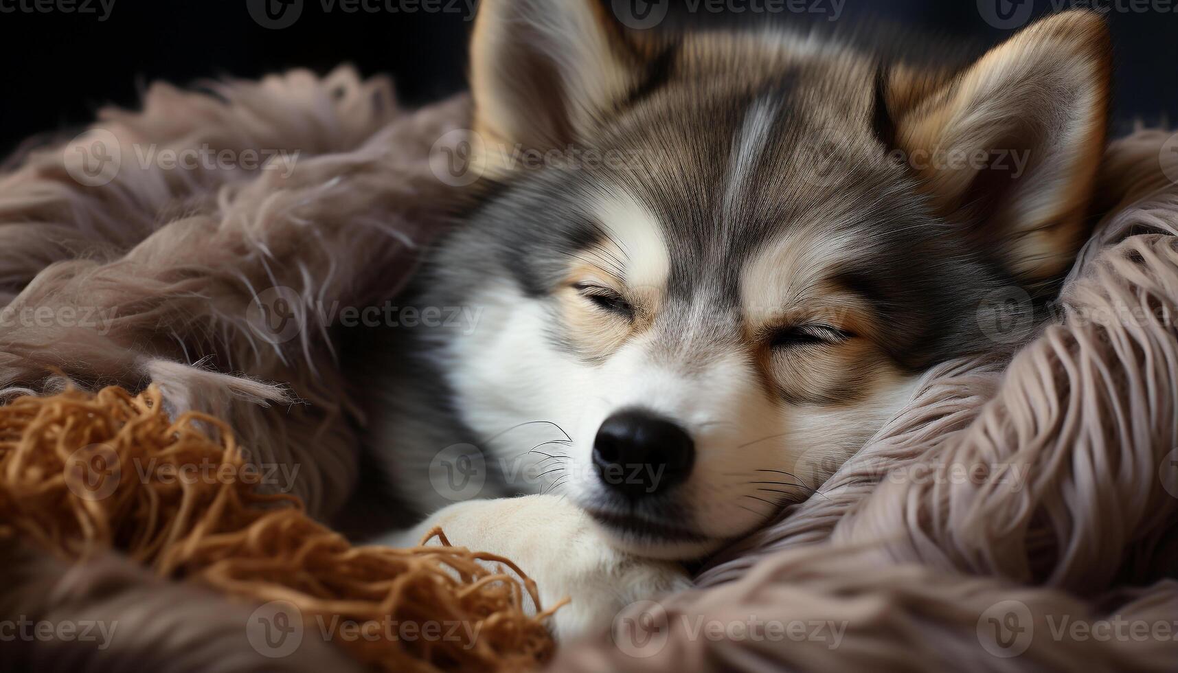 AI generated Cute puppy sleeping on blue pillow, fluffy and pampered generated by AI photo