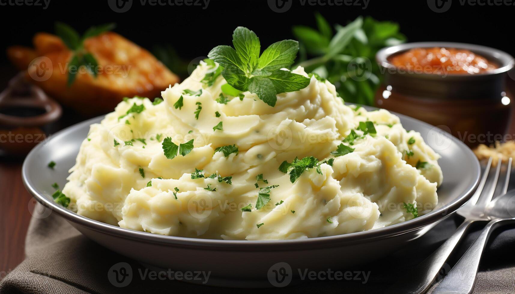 AI generated Freshly cooked mashed potatoes with butter and parsley garnish generated by AI photo