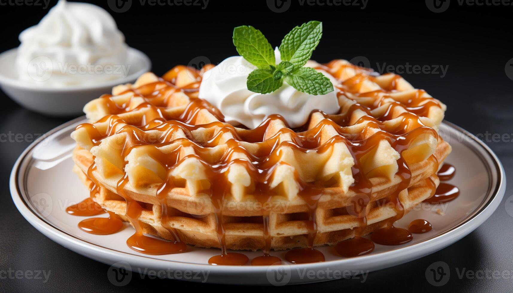 AI generated Freshly baked waffle with chocolate sauce, whipped cream, and raspberries generated by AI photo