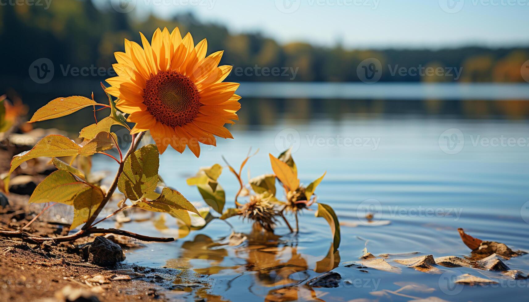 AI generated Yellow leaf reflects on tranquil pond, autumn beauty in nature generated by AI photo